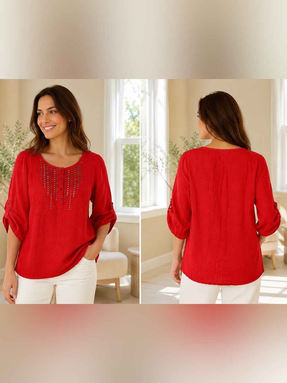 Dress Barn Red Stud-Detail Roll-Tab Sleeve Tunic size 2X GUC